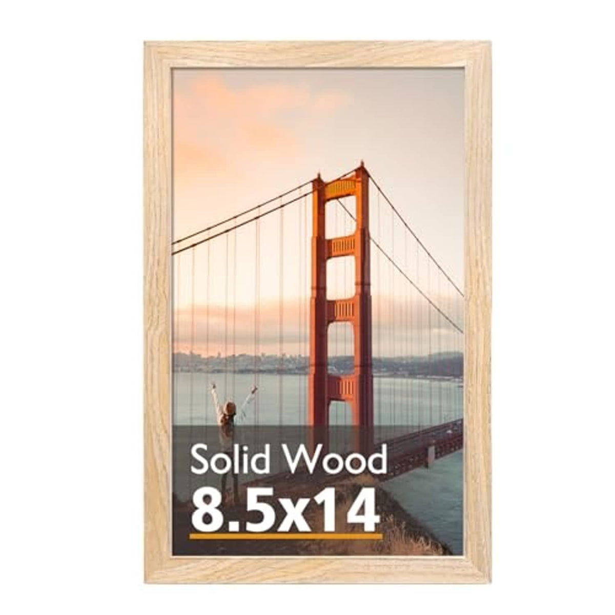 Natural wood picture frame with clear acrylic front showing a landscape photo