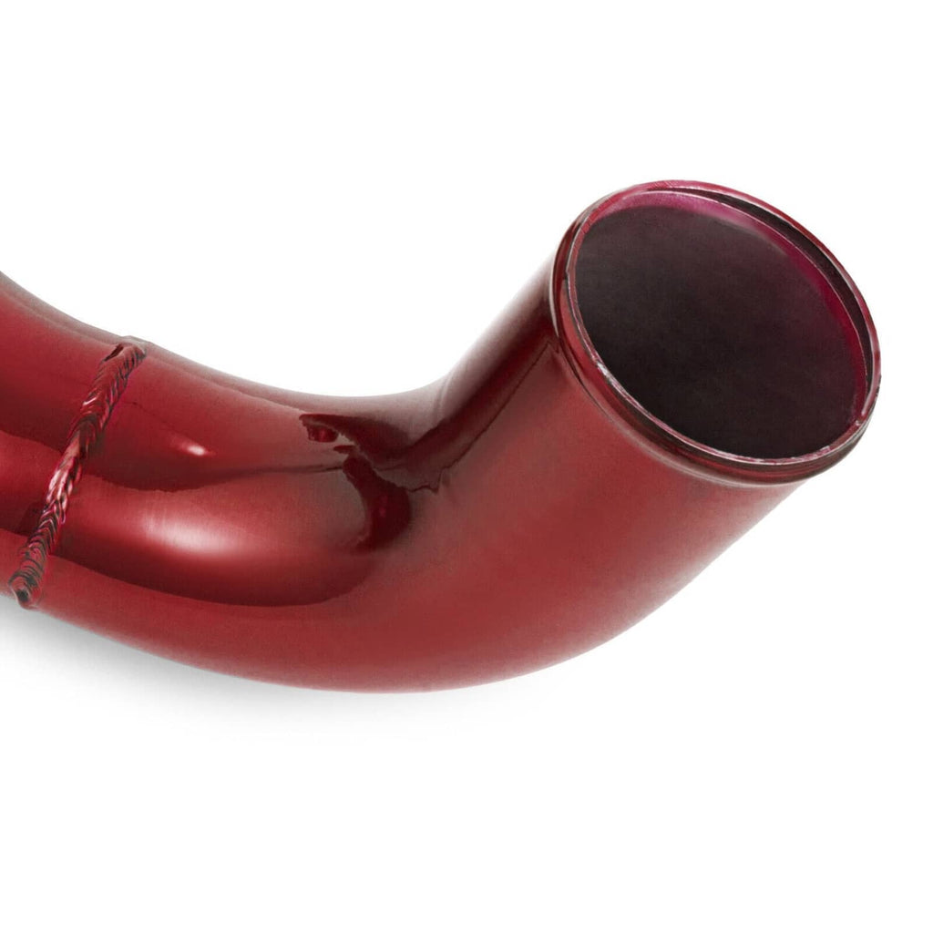 Red turbo intercooler pipe boot, curved silicone hose with metal-lined end