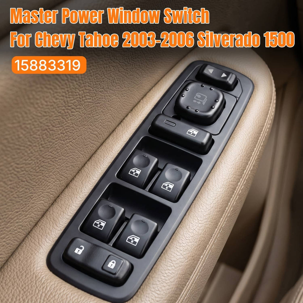 Power window master switch panel with black rocker buttons for window control.