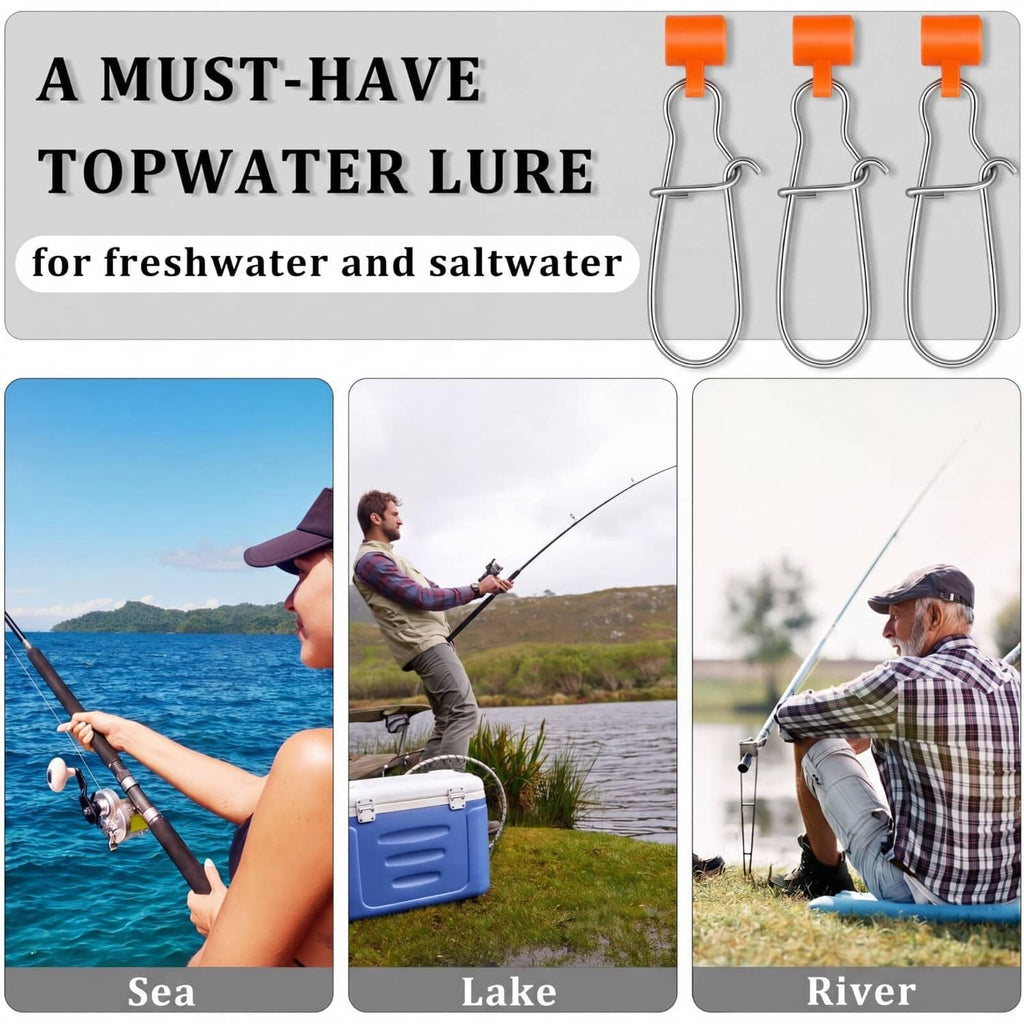 Topwater fishing line setup with orange snap sinker slides and stainless hooks