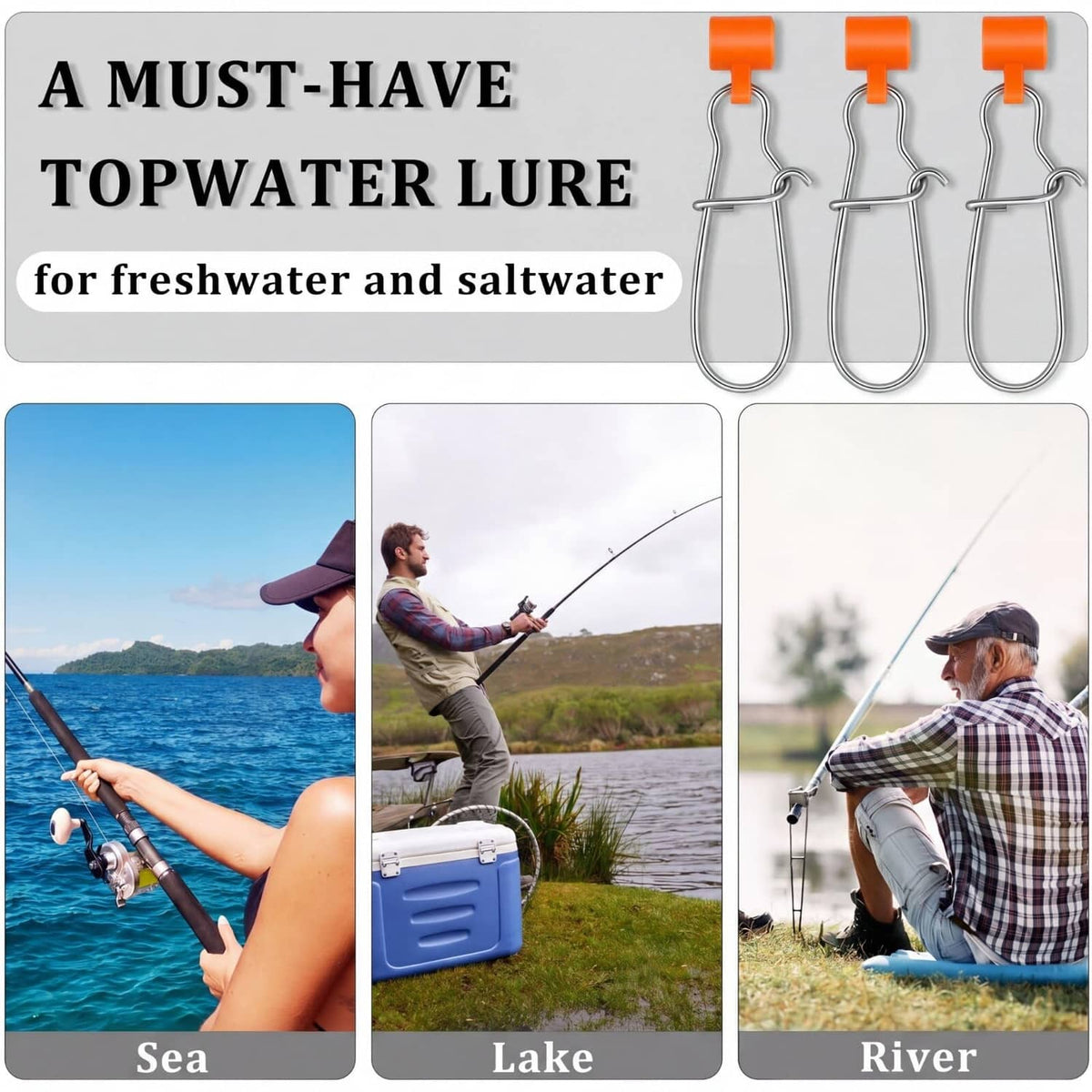 Topwater fishing line setup with orange snap sinker slides and stainless hooks
