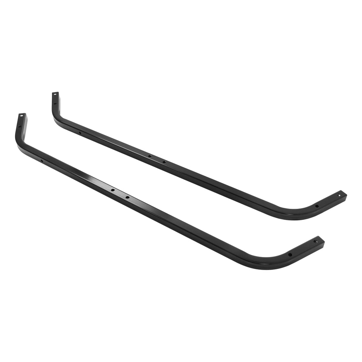 Two black front roof support struts with drilled mounting slots, steel U-shaped bars