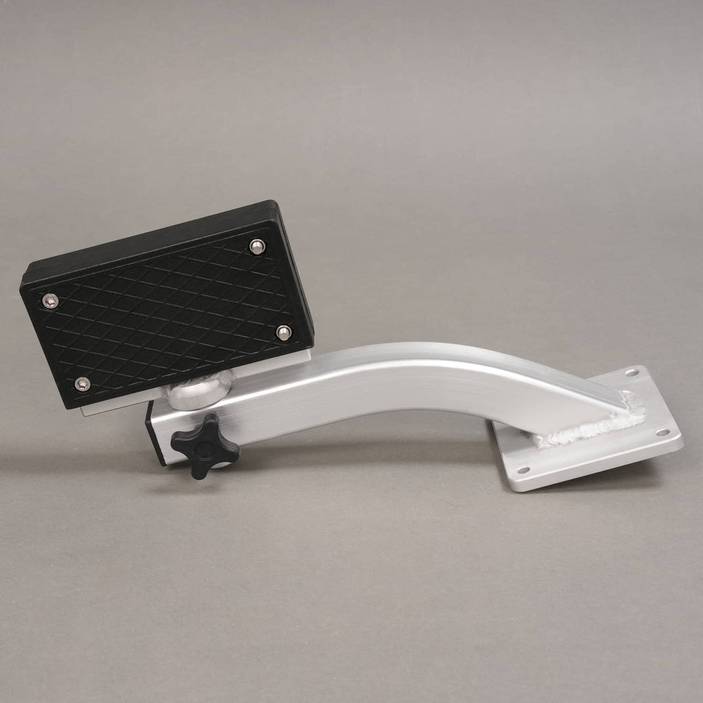 Universal trolling motor bracket with black plate and curved silver arm on base