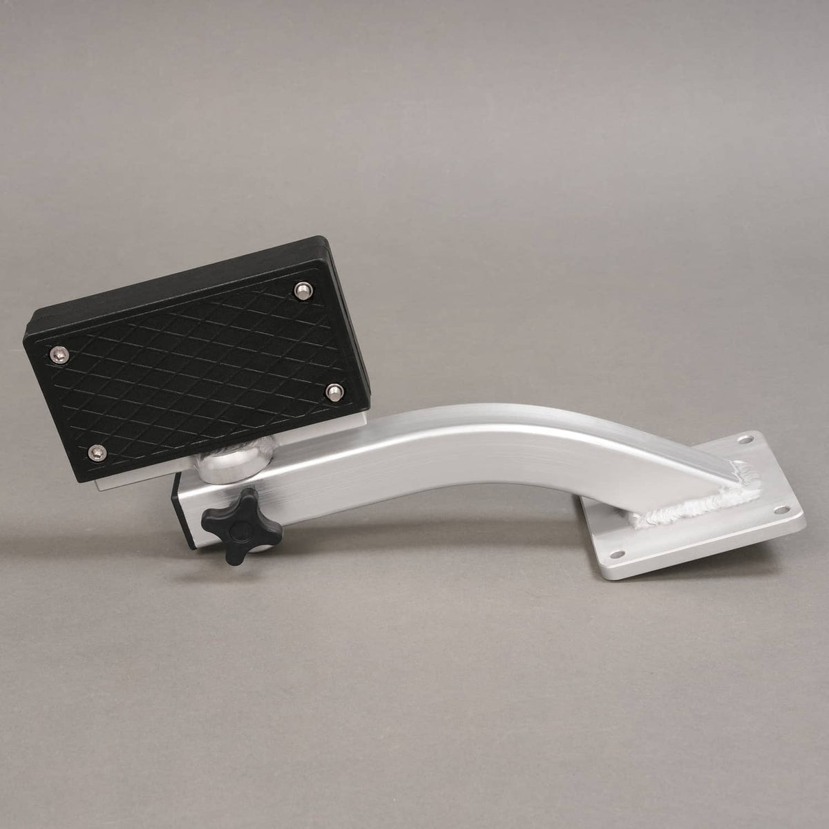 Universal trolling motor bracket with black plate and curved silver arm on base