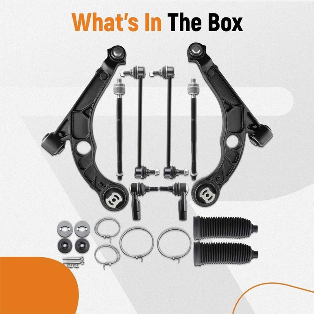 Suspension components pack featuring control arms, tie rods, clamps, and rubber boots