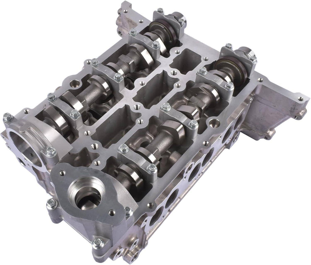Engine cylinder head assembly with camshafts and valve ports, machined silver metal