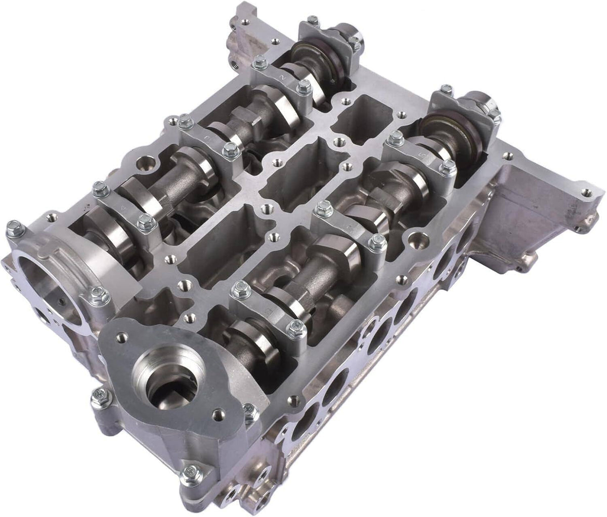 Engine cylinder head assembly with camshafts and valve ports, machined silver metal