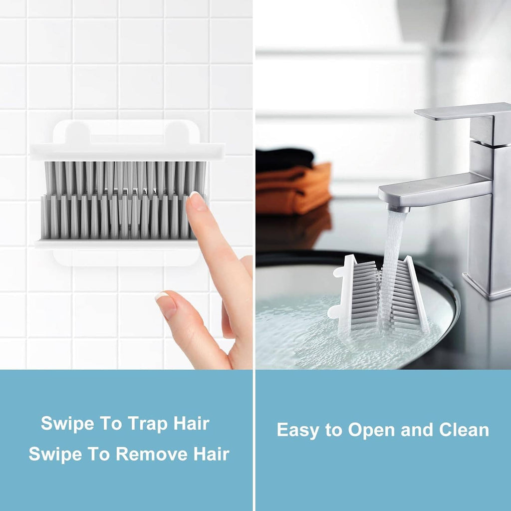 White shower wall hair catcher with bristle comb, shown opened for easy cleaning