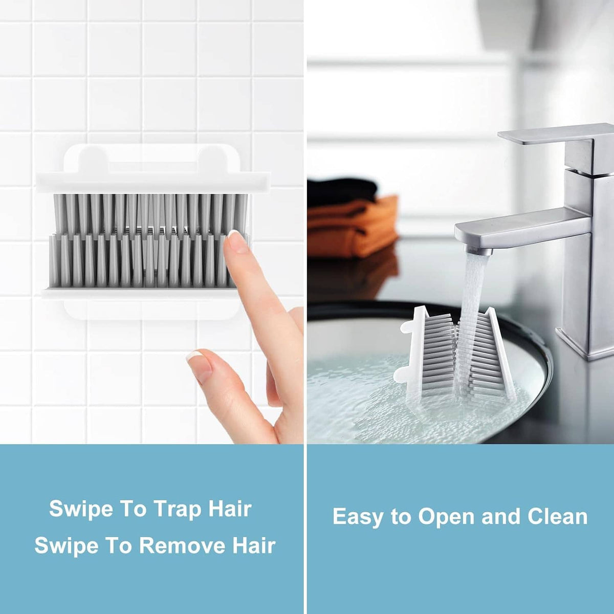 White shower wall hair catcher with bristle comb, shown opened for easy cleaning