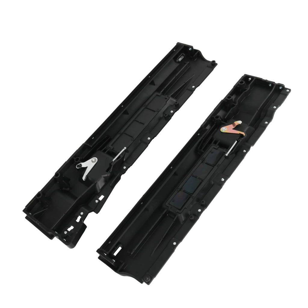 Black interior door handle base plates with metal latch lever and molded channel details