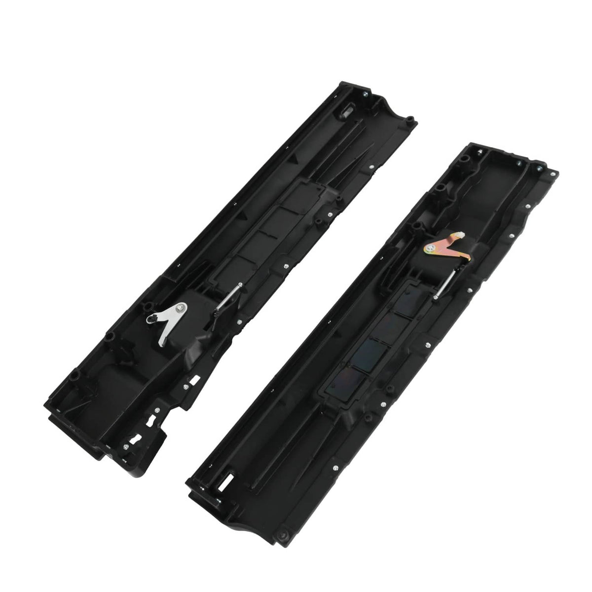 Black interior door handle base plates with metal latch lever and molded channel details