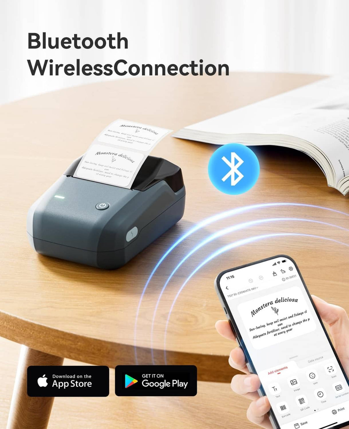 Portable label printer with Bluetooth wireless connection icon