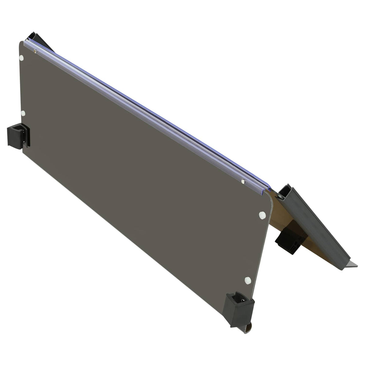 Angled tinted fold-down windshield panel with silver trim strip and black brackets.