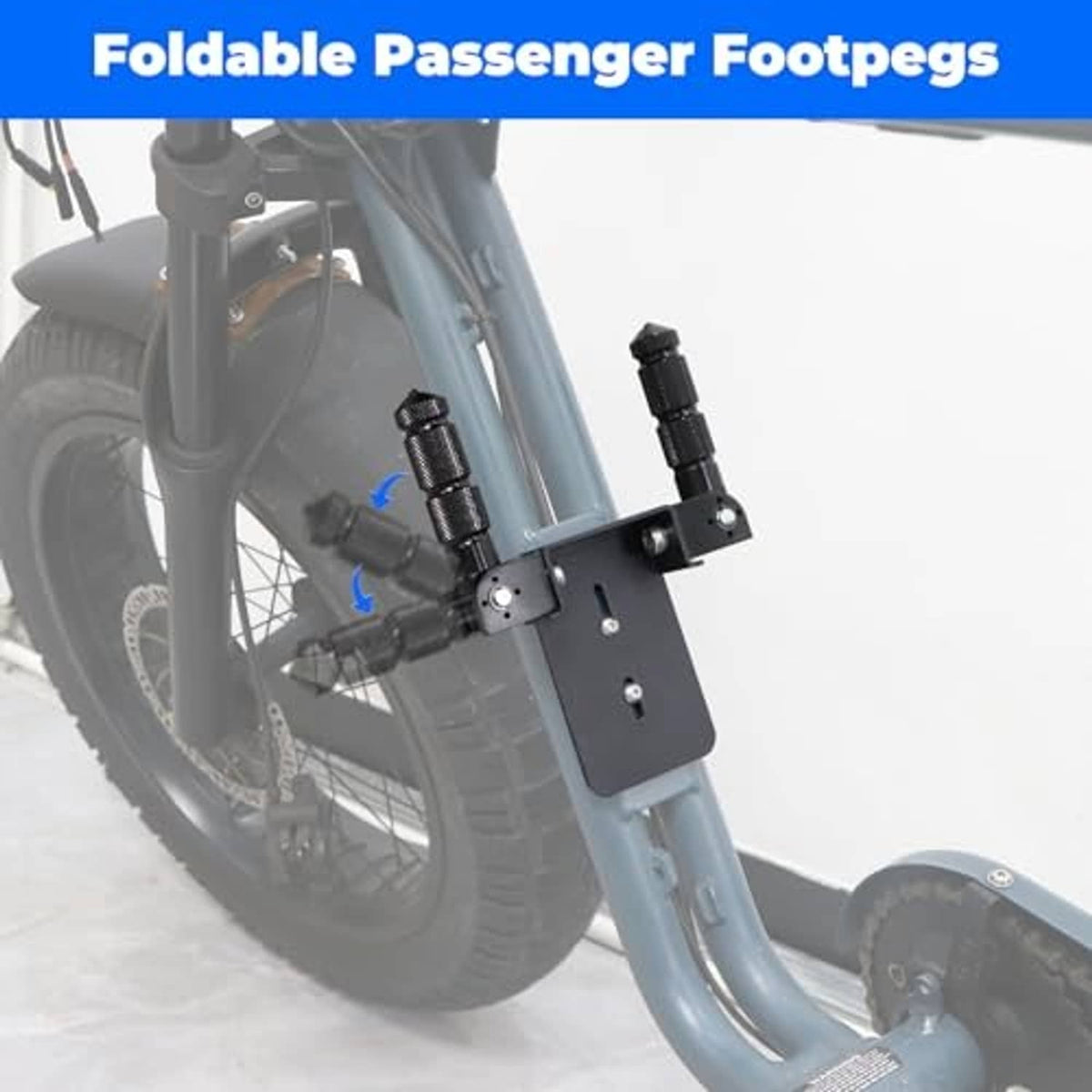 Foldable foot pegs on bicycle frame with textured grips and mounting plate
