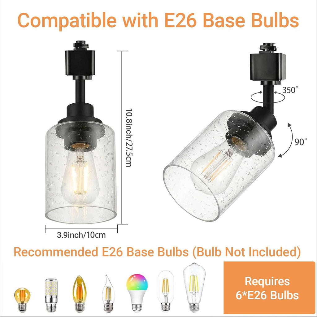 Black H-type track lighting head with seeded glass shade and E26 base socket, front view