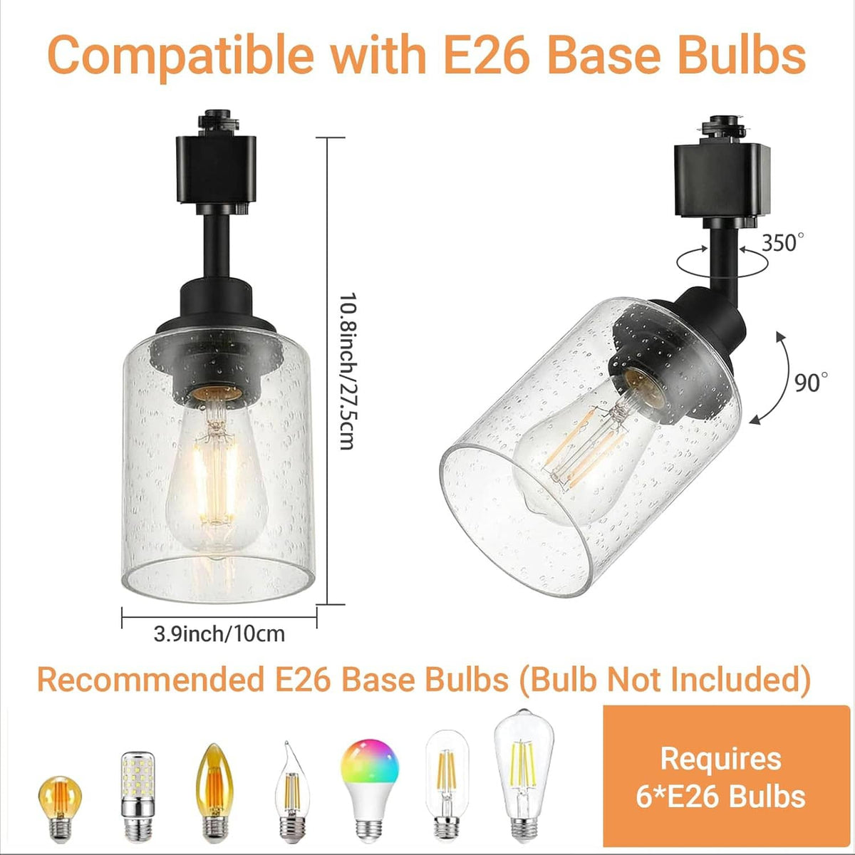Black H-type track lighting head with seeded glass shade and E26 base socket, front view
