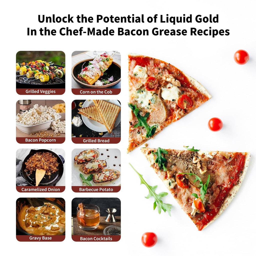 Deep fryer pot recipe graphic with bacon grease, pizza slices, and assorted food icons