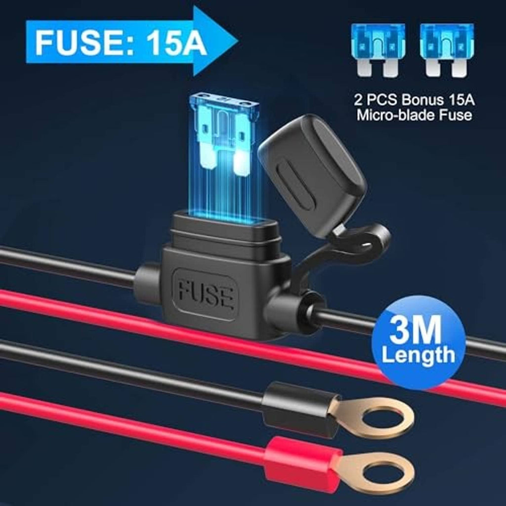 Black car charger with 15A micro-blade fuse and two USB modules