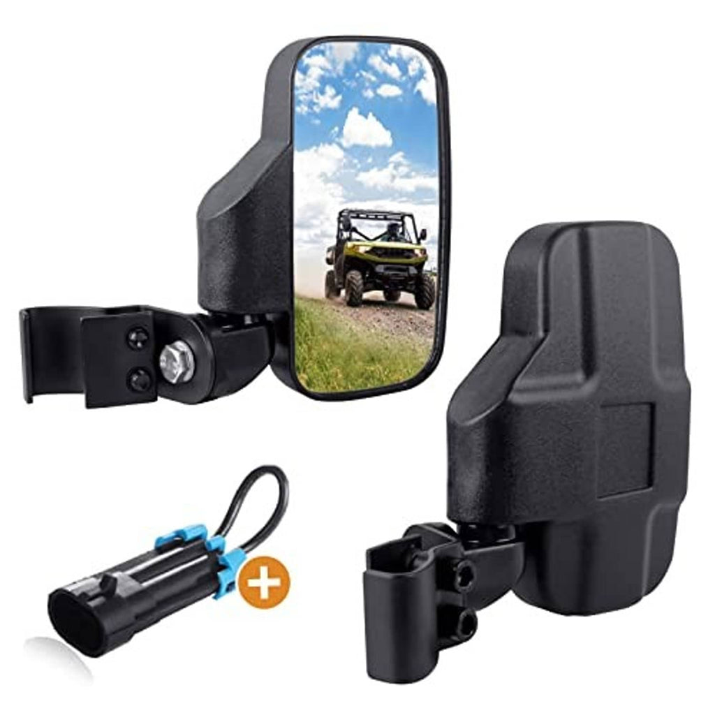 UTV rear side mirror pair with black housings and brackets, shown with hardware pieces