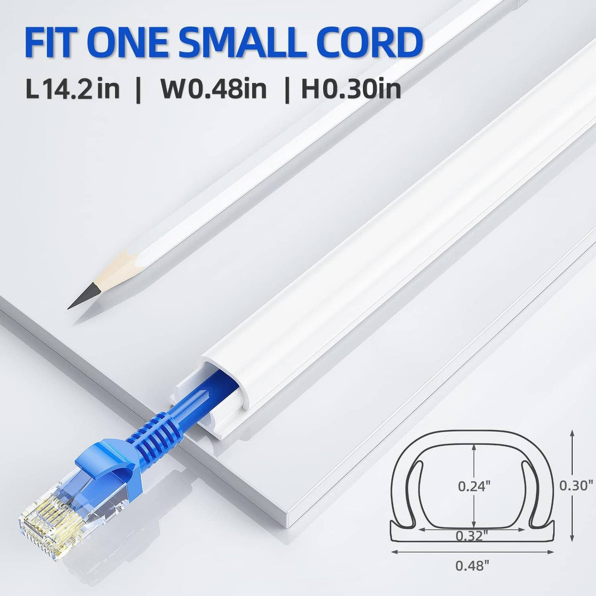 White cord hider raceway with open channel and small cable size illustration