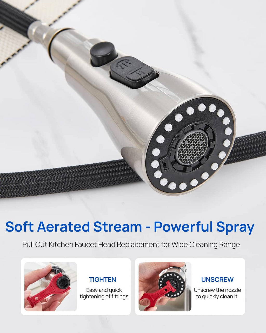 Close-up of brushed nickel sprayer head with soft aerated stream and black mode pad