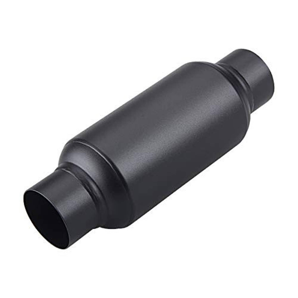 Black universal muffler/pipe filter with 2.5 in outlet end and cylindrical body.