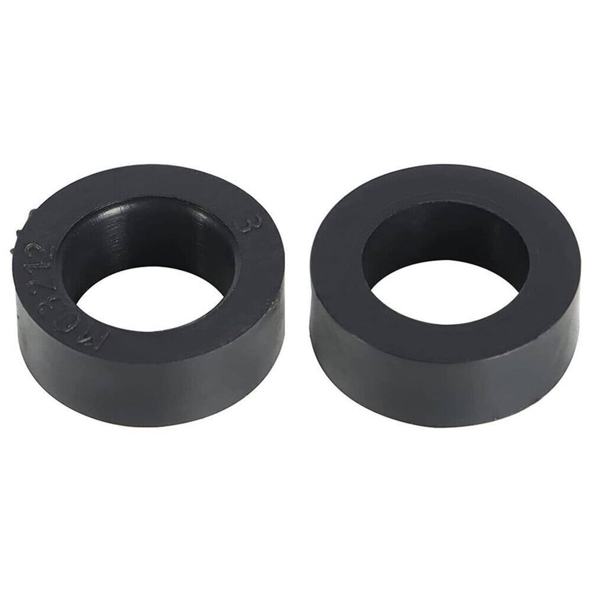 Two black rubber sway bar link bushings with round center holes