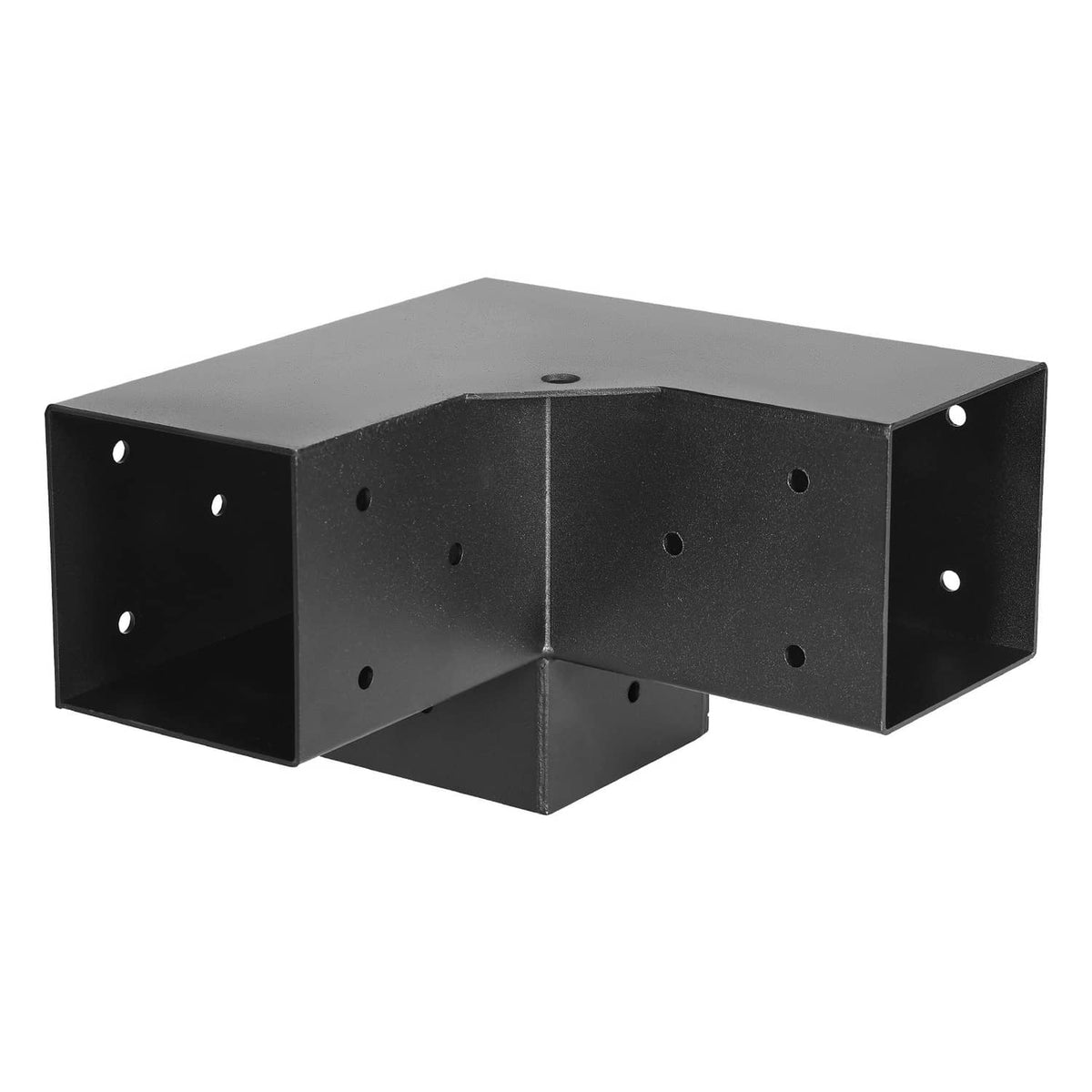 Black 3-way inner corner pergola bracket with predrilled holes for 4x4 posts
