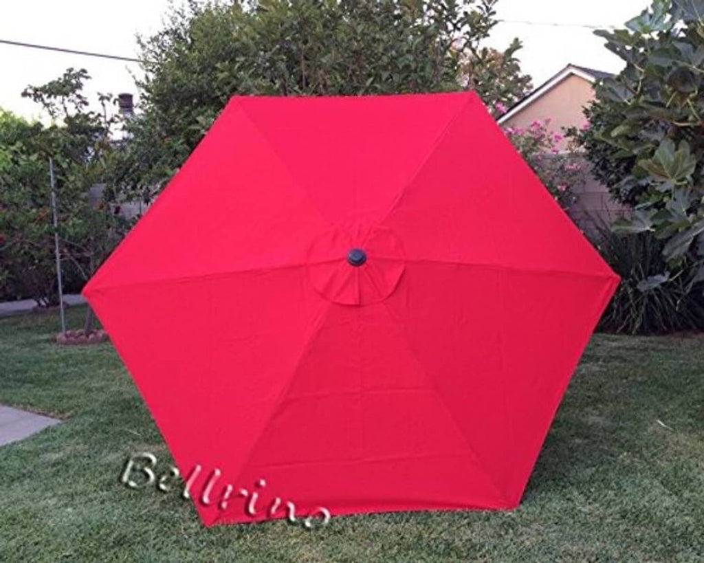 Red patio umbrella replacement cover canopy, central button, open hexagonal top
