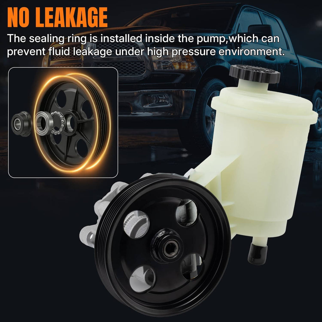 Power steering pump with black pulley and light reservoir tank, front-side view.
