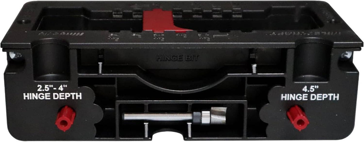 Black hinge mortising jig base with red depth pins and central guide slot