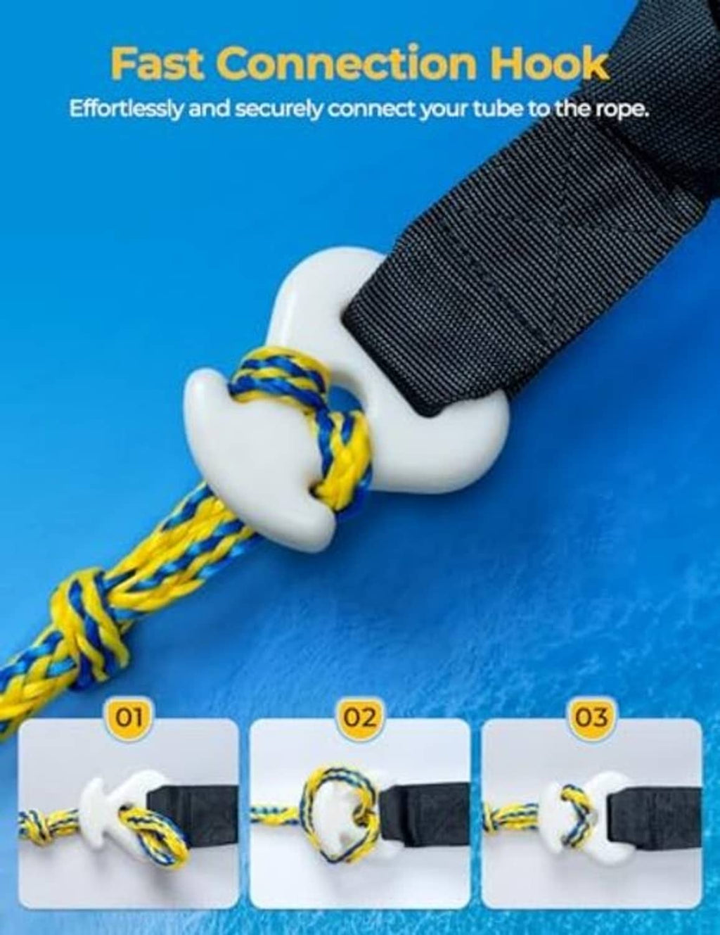 Inflatable tube tow rope connection hook with secure strap and braided rope