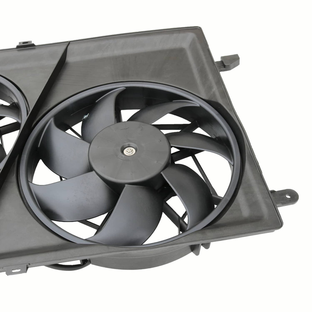 Black dual radiator cooling fan with large fan blade close-up and mounting tab