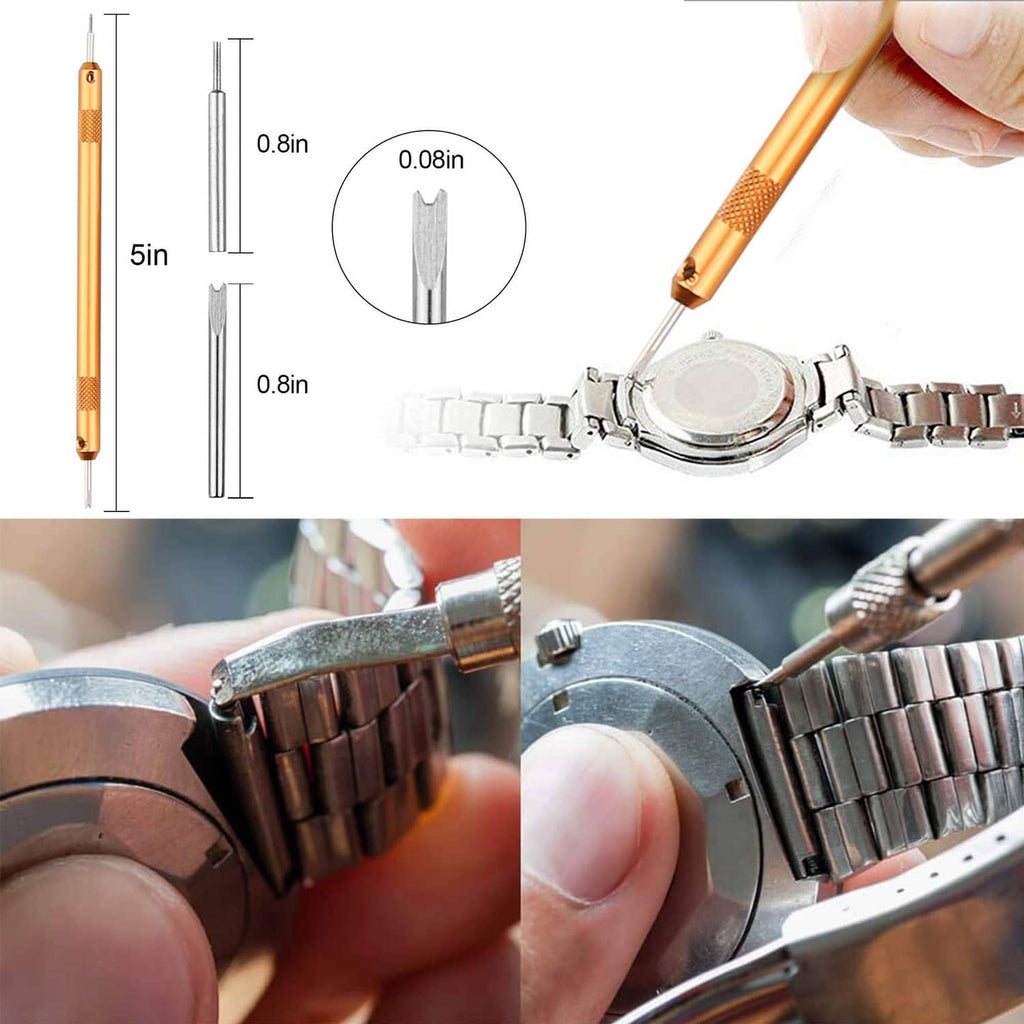 Orange-handled precision tool and thin rods for removing watch back components
