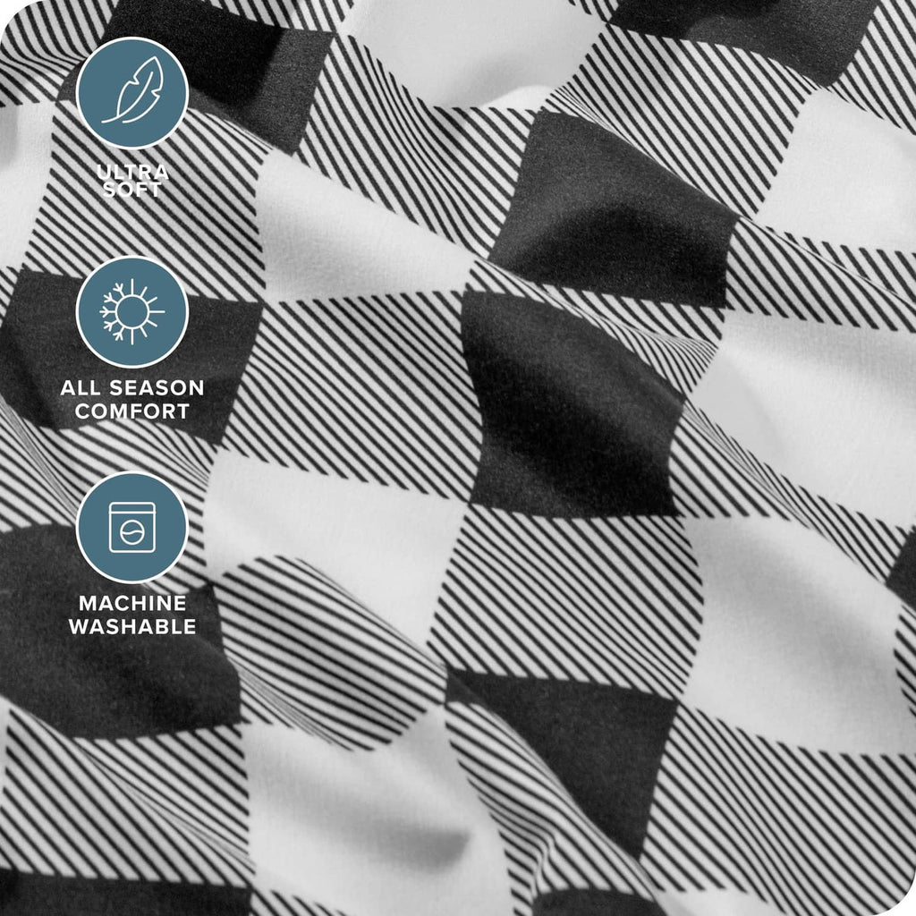 Black-and-white buffalo plaid sheet fabric texture, soft brushed microfiber weave