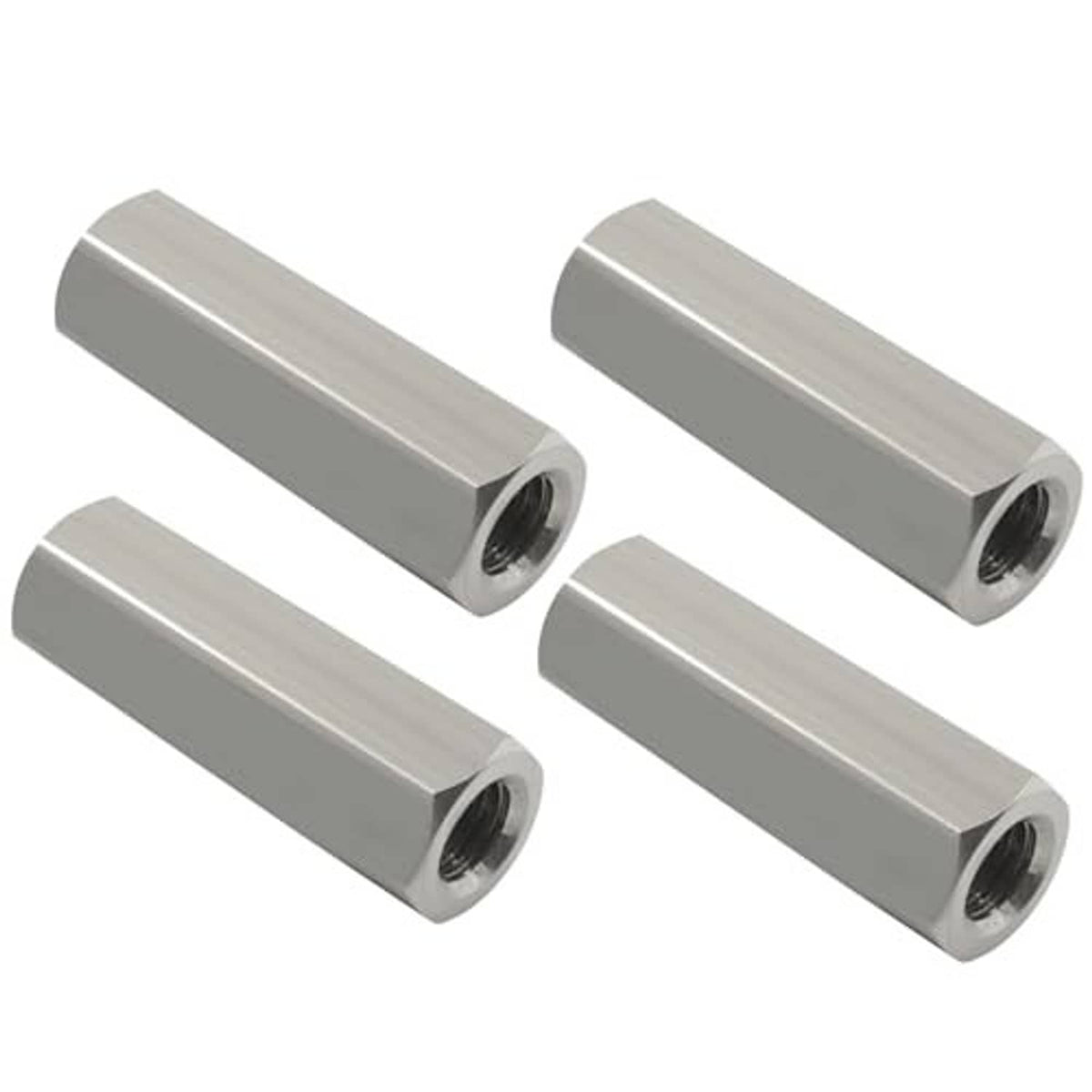Four hex coupling nuts in silver metal, each with M8 internal threaded bore