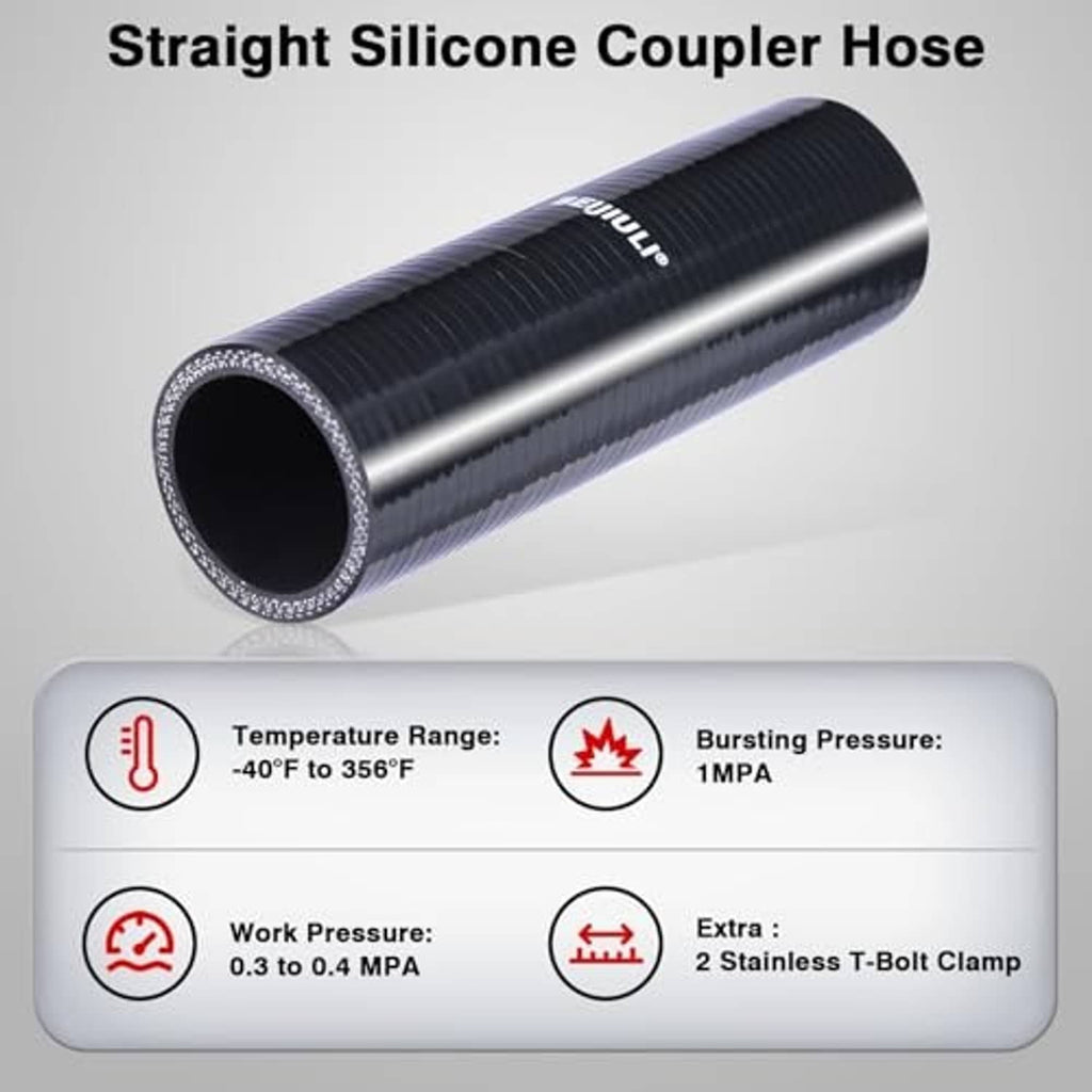 Straight silicone coupler hose with black body and metallic silver reinforcement band