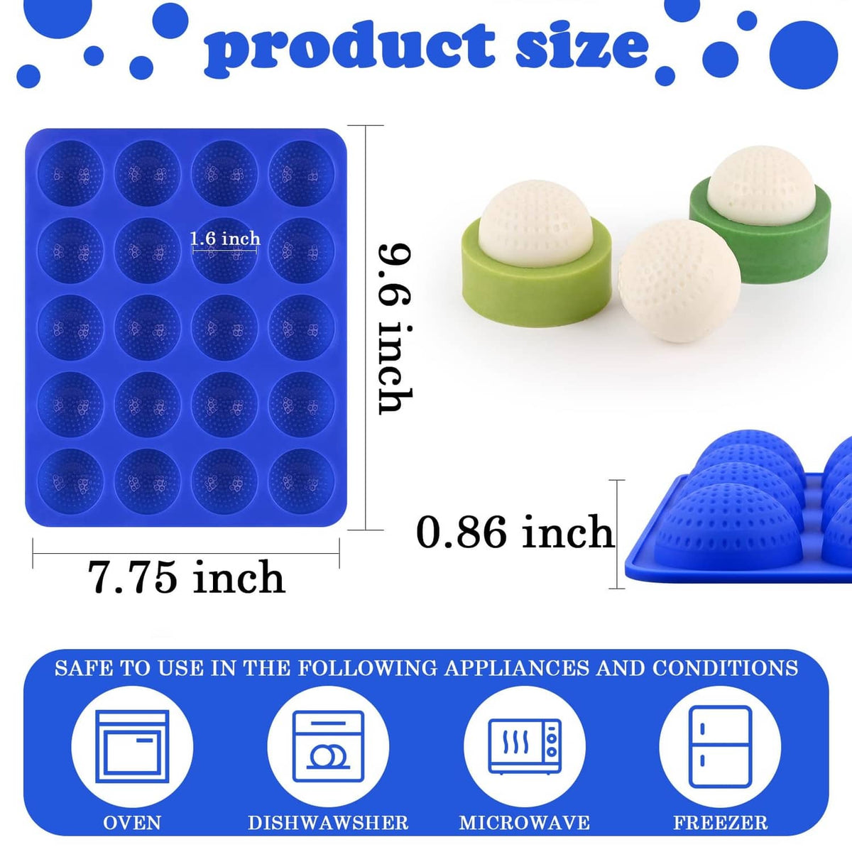 Blue silicone golf ball mold with 1.6 in cavities and green cups holding white balls