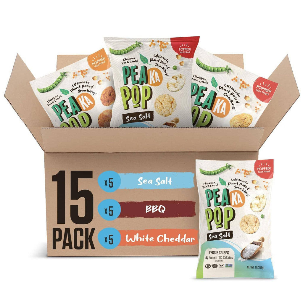 Veggie chips 15-pack box with five Sea Salt, five BBQ, and five White Cheddar bags