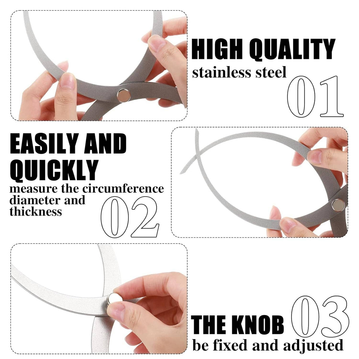 Stainless steel bowl caliper with adjustable knob and two circular measuring rings
