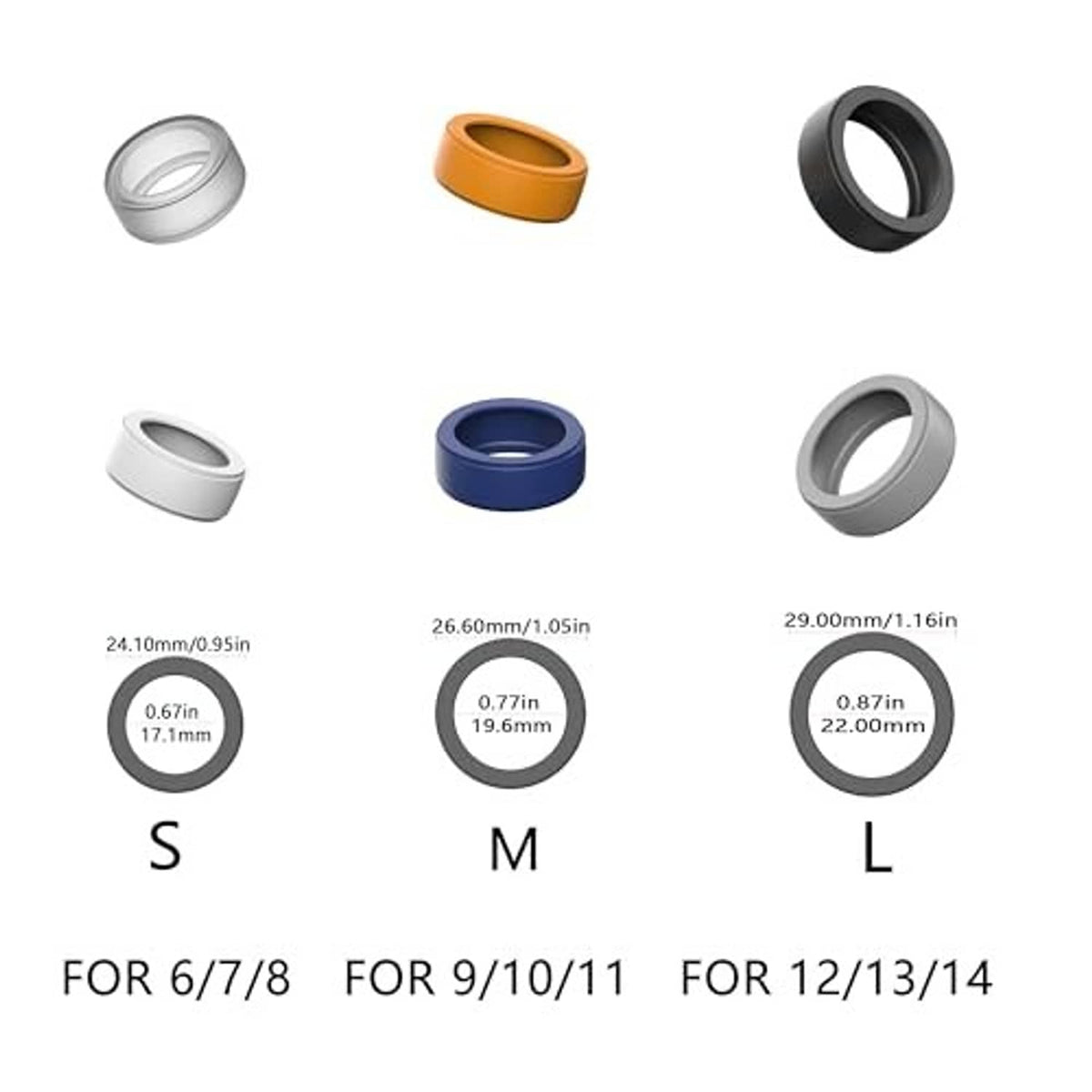 Set of silicone ring protectors in orange, black, blue, white, and gray for smart rings