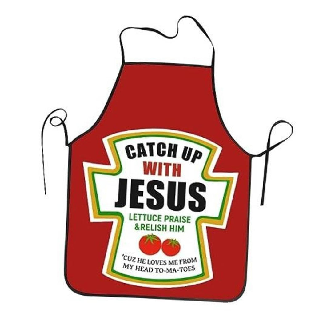 Red waist apron with Catch Up With Jesus logo and black side ties.