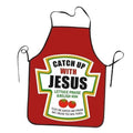 Red waist apron with Catch Up With Jesus logo and black side ties.