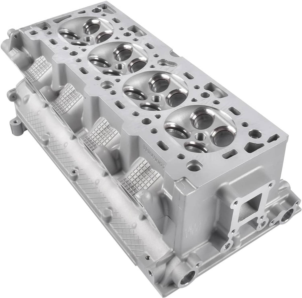 Cylinder head top view with combustion chambers and valve openings, silver cast metal