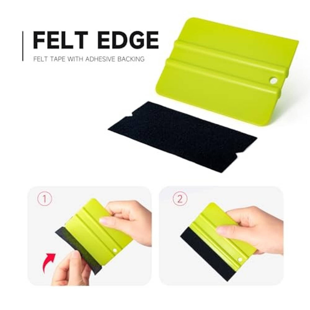 Felt-edged window tint tape with adhesive backing and black squeegee pads