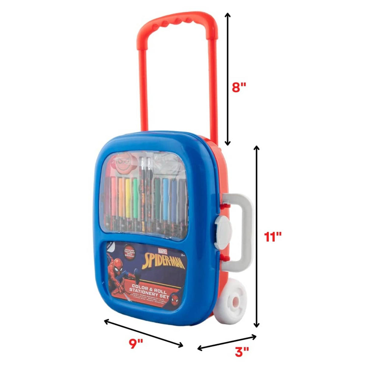 Blue and red rolling case with retractable handle; 11 in tall, 9 in wide
