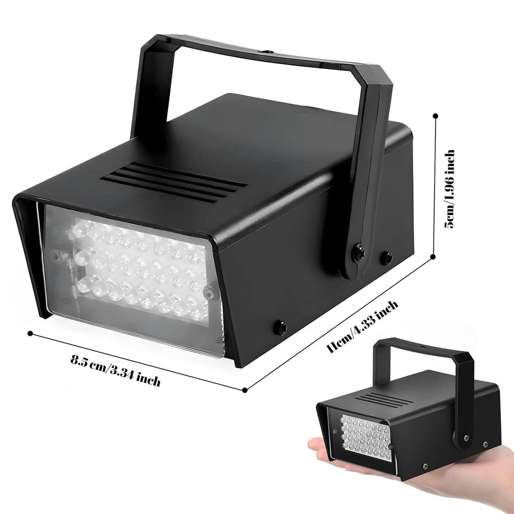 Black mini LED strobe light with visible dimensions and front lens