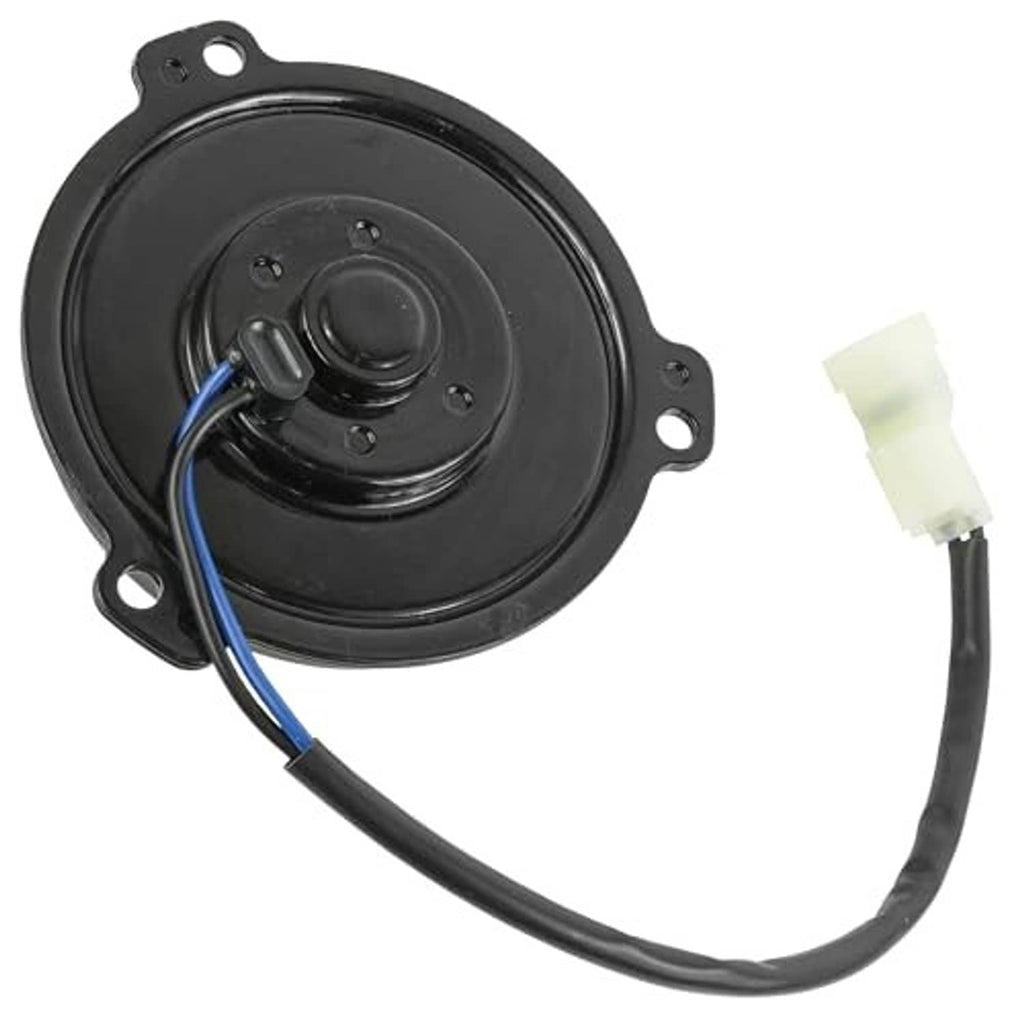 Radiator cooling fan motor rear housing with blue wires and white electrical plug