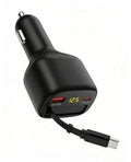 Black retractable car charger with USB-C cable and dual charging ports