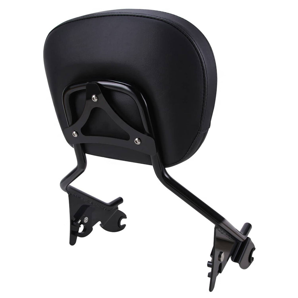 Black motorcycle backrest pad with mounting hardware and sissy bar frame
